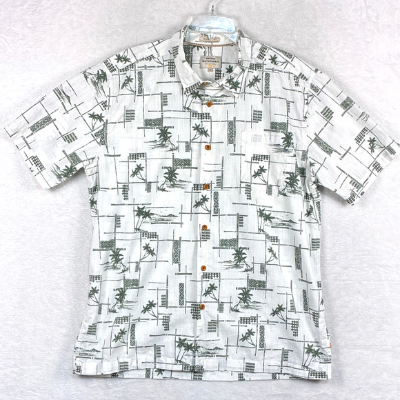 Quiksilver Waterman Hawaiian Camp Shirt Mens XXL White Green Palm AOP Tiki Aloha - Picture 2 of 9